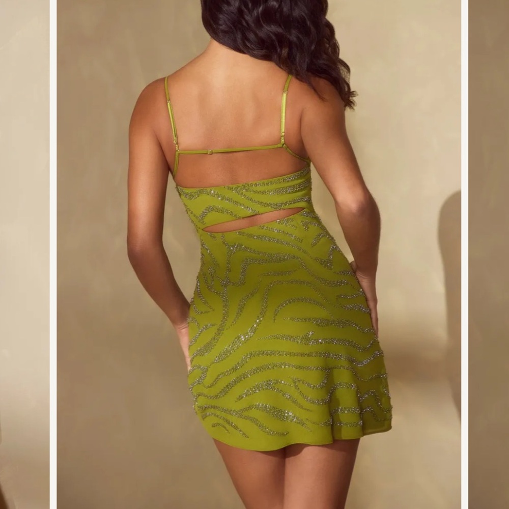 Leonora beaded Olive Green mini Dress Oh Polly - Picture 2 of 5